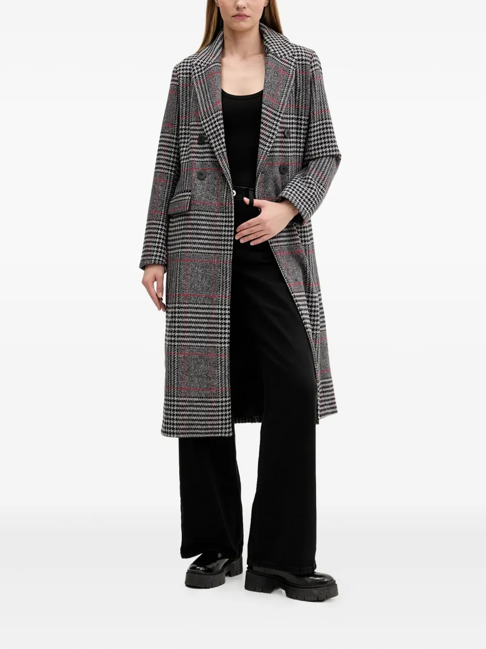 Desigual Check-pattern Double-breasted Coat In Gray