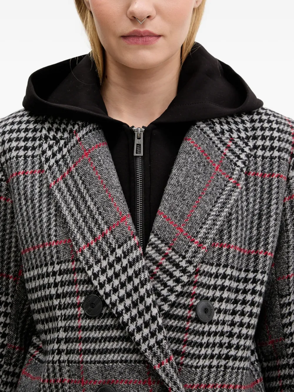 Desigual Check-pattern Double-breasted Coat In Gray