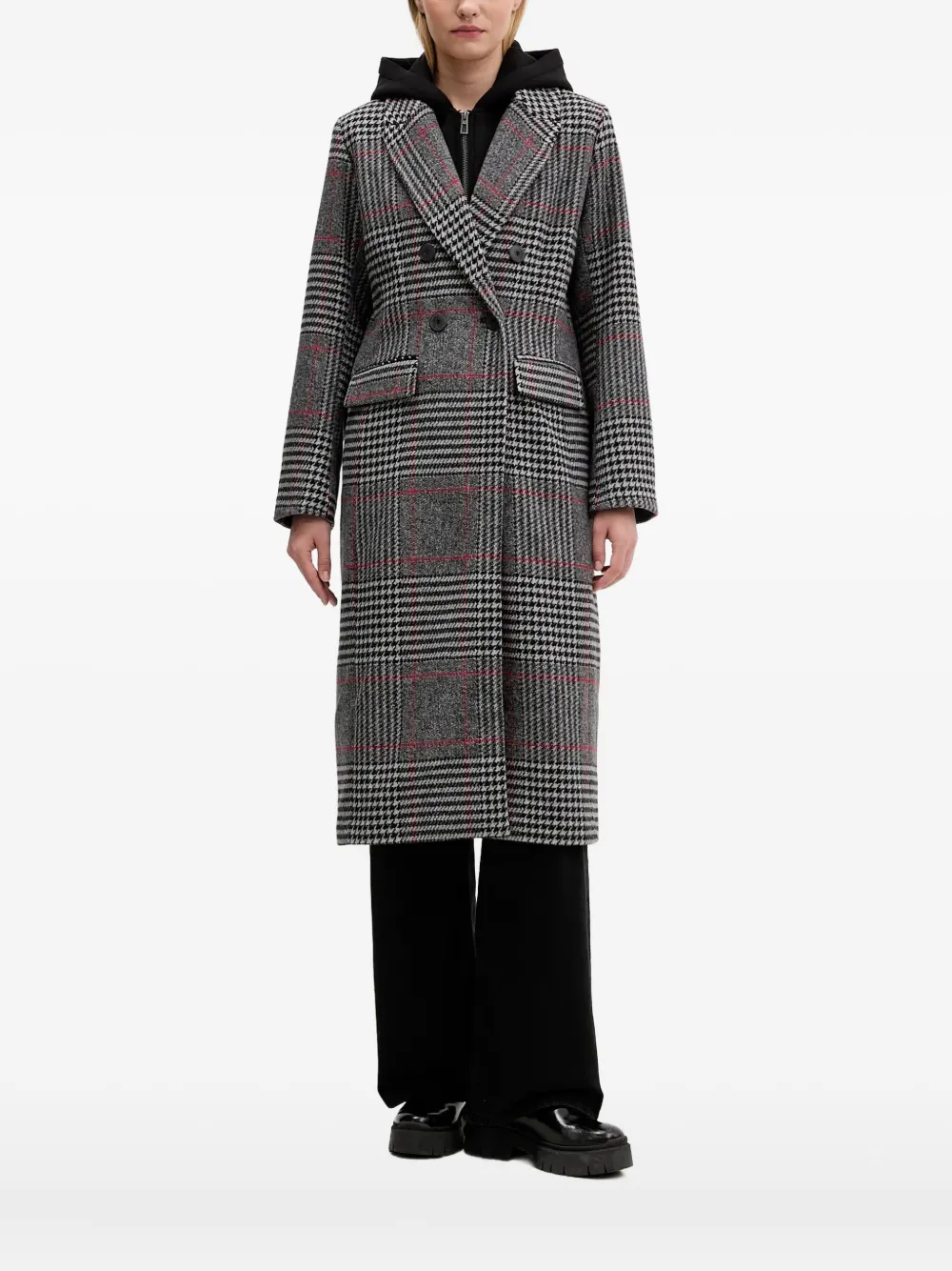 Desigual Check-pattern Double-breasted Coat In Gray
