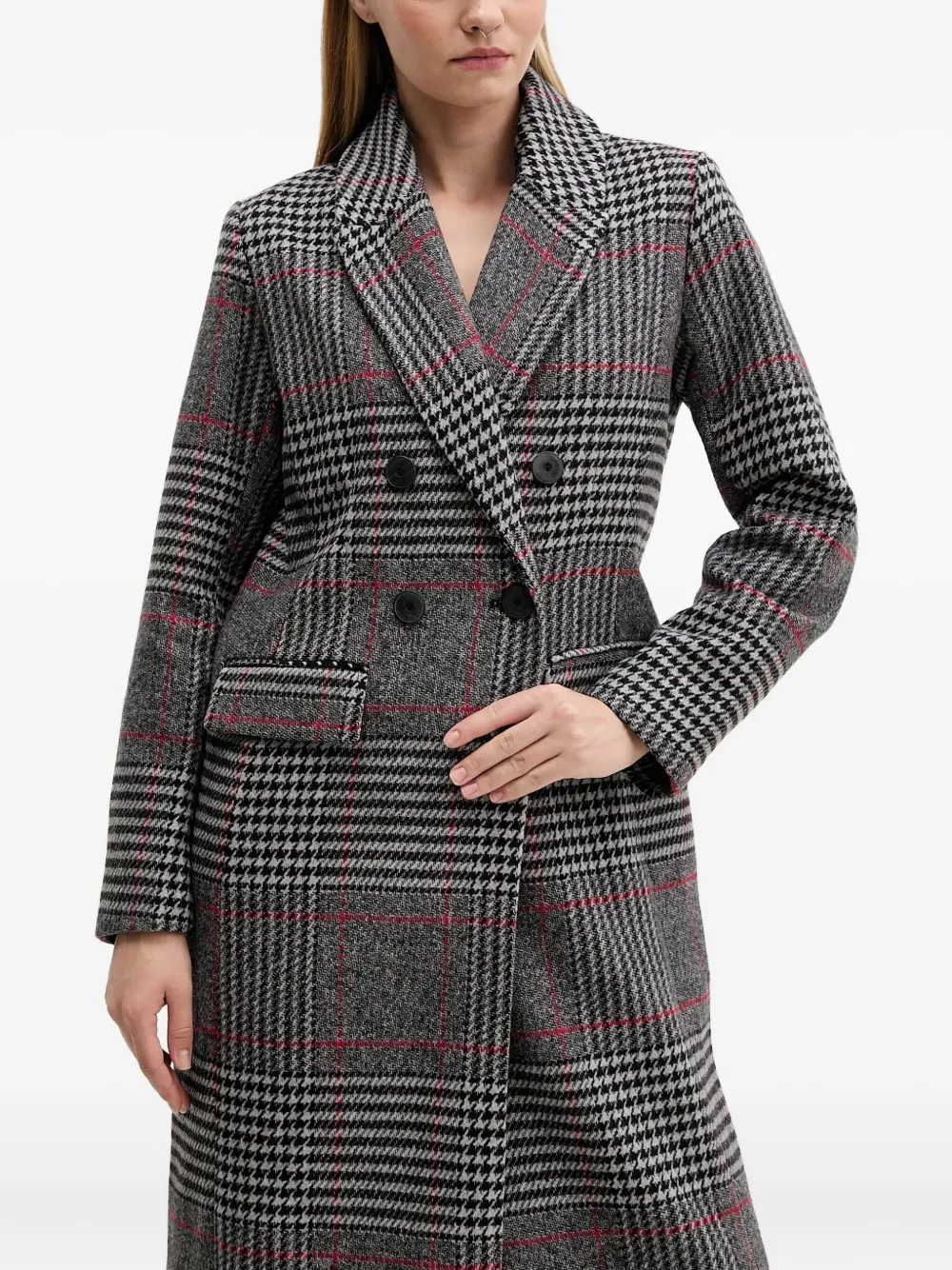 Desigual Check-pattern Double-breasted Coat In Gray