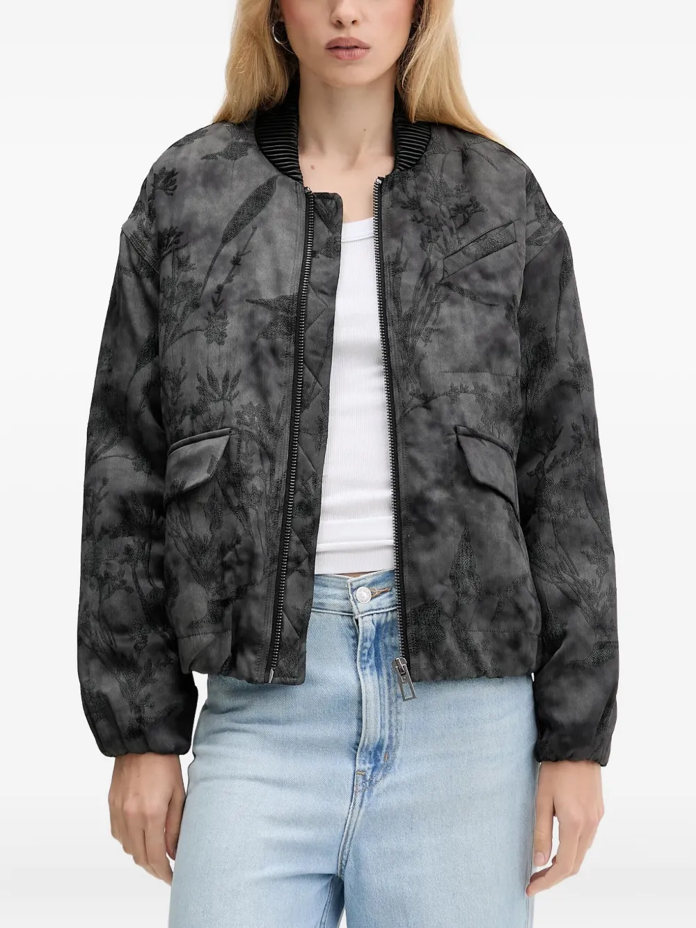 Desigual Floral-embroidery Bomber Jacket In Black