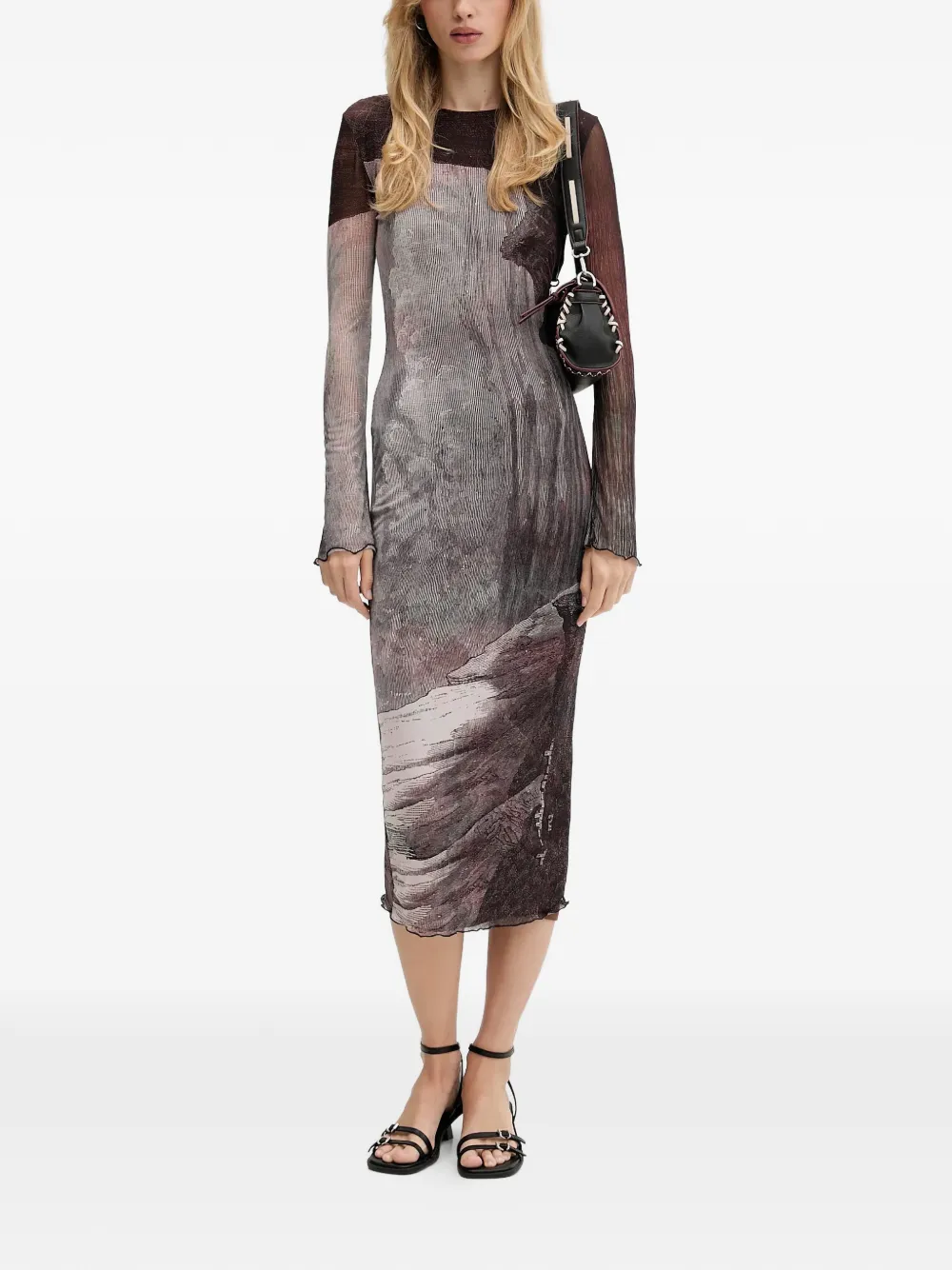 Desigual long sleeve printed midi dress - Bruin