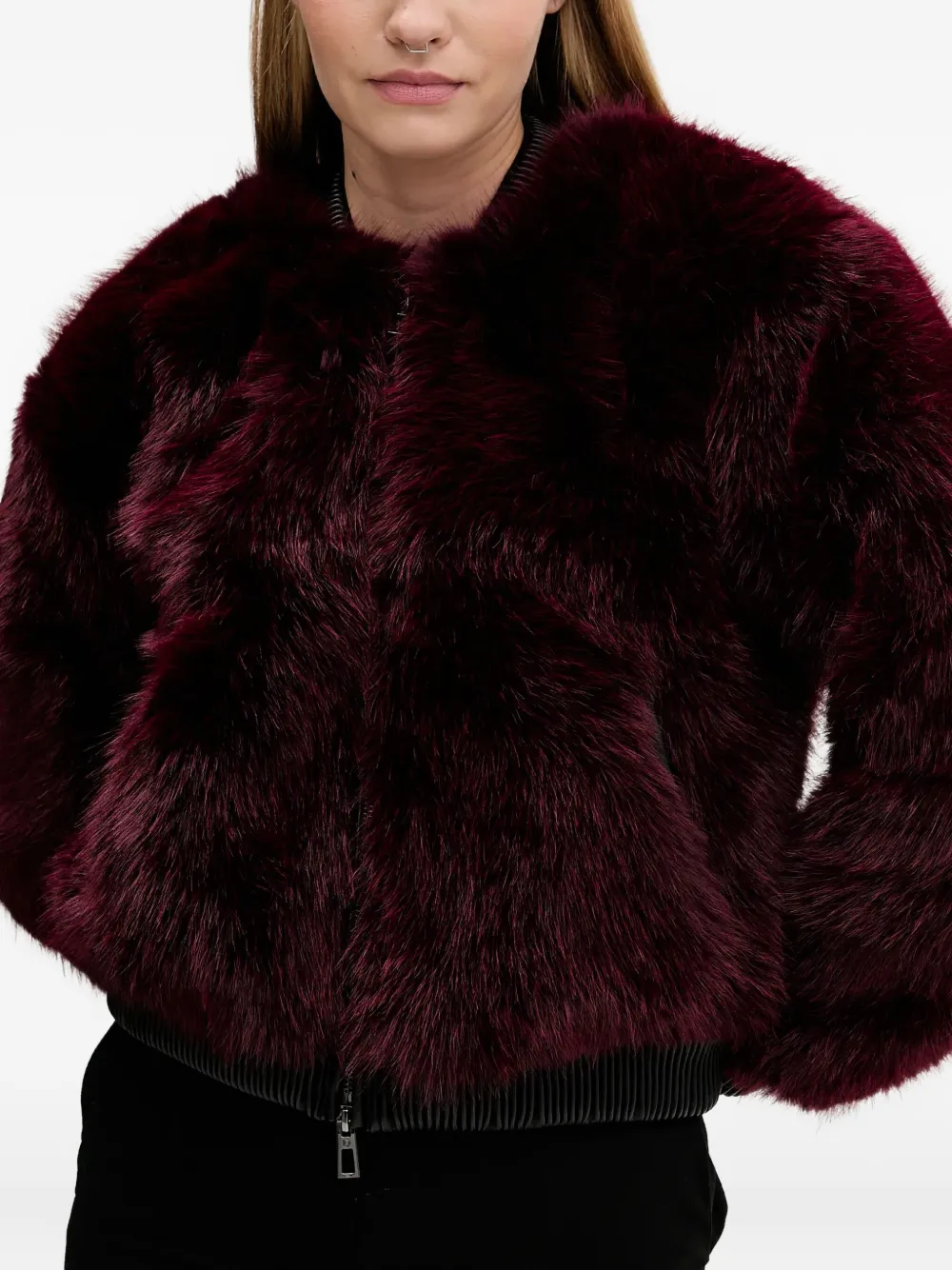 Desigual Faux Fur Bomber Jacket In Burgundy