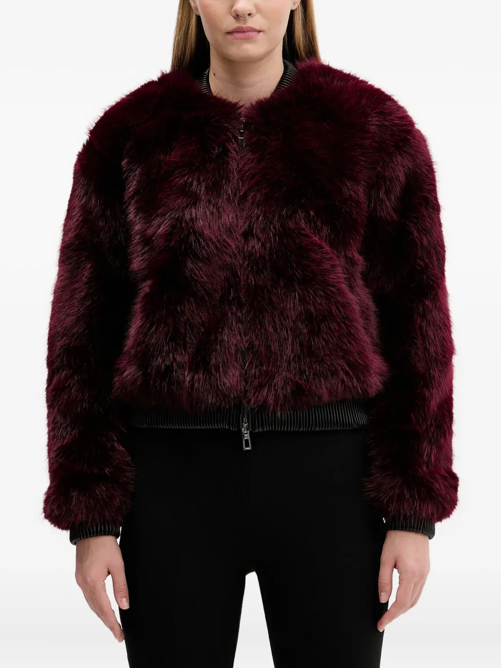 Desigual Faux Fur Bomber Jacket In Burgundy