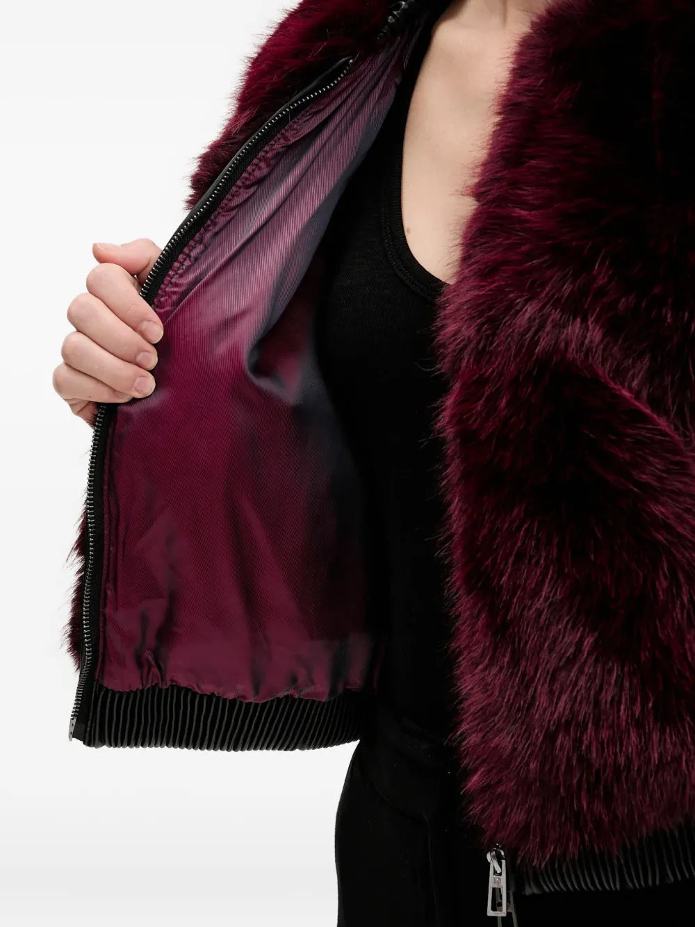 Desigual Faux Fur Bomber Jacket In Burgundy