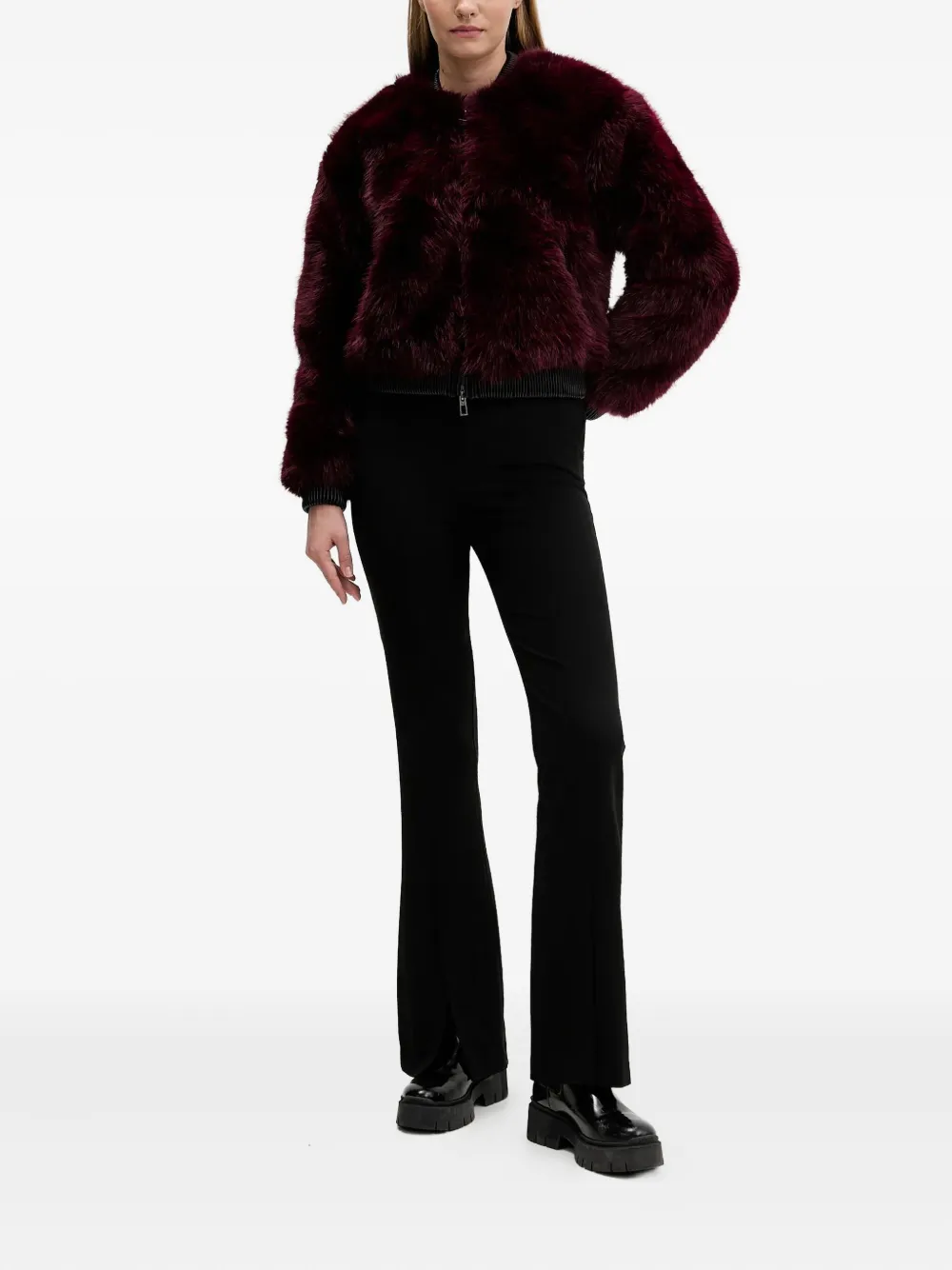 Desigual Faux Fur Bomber Jacket In Burgundy