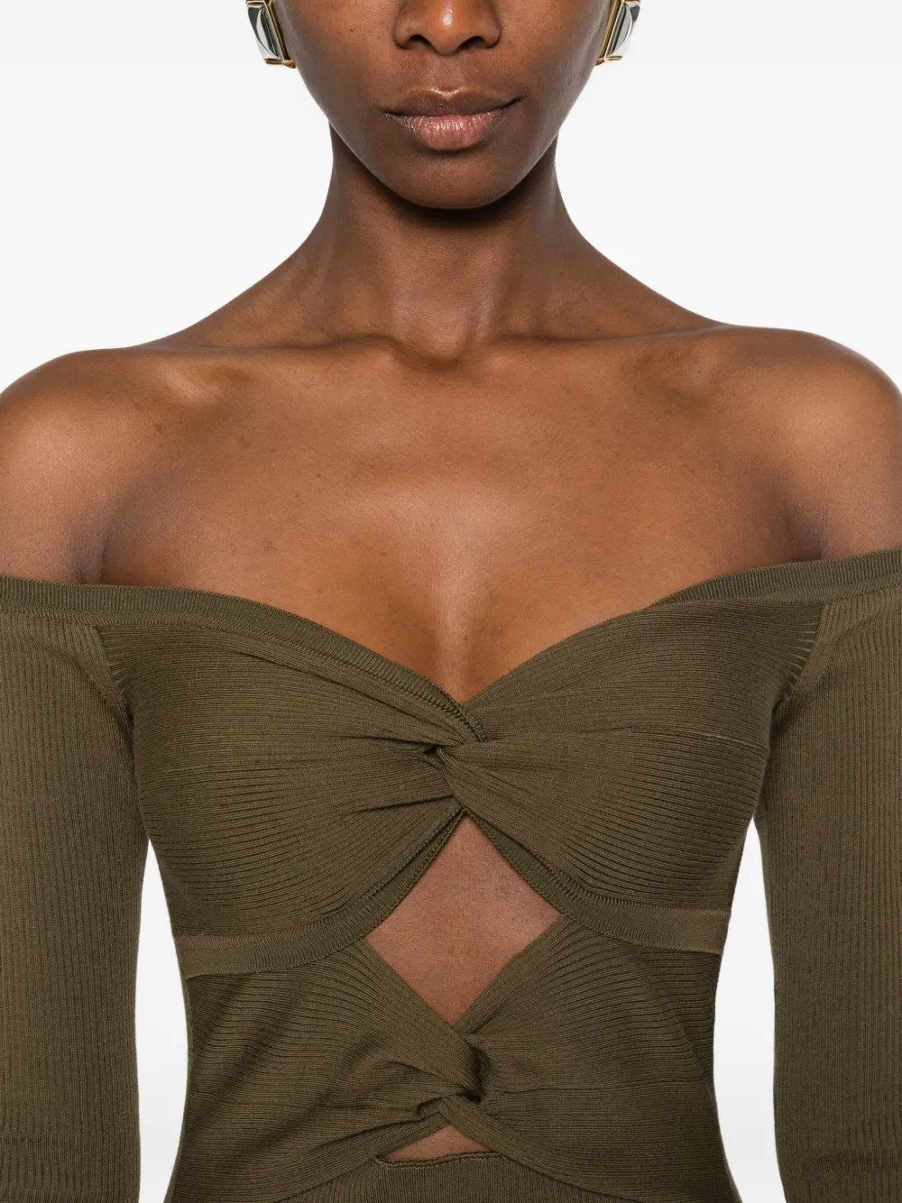 Stella Mccartney Ribbed Twisted Wool Midi Dress In Brown