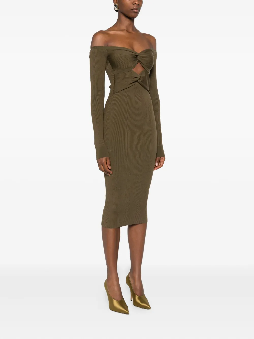 Stella Mccartney Ribbed Twisted Wool Midi Dress In Brown