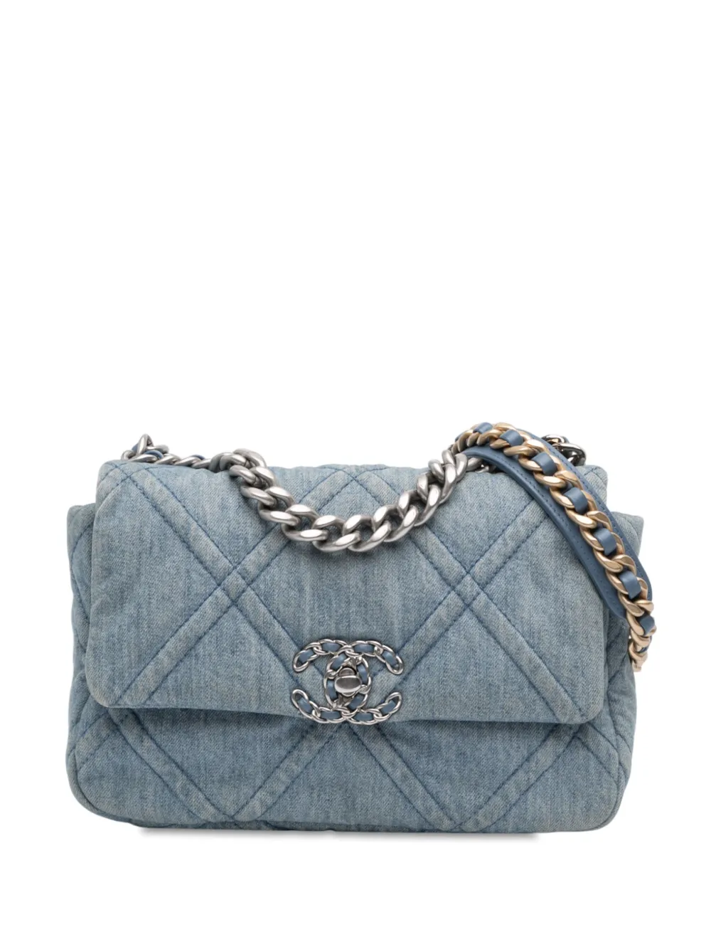 Pre-owned Chanel 2021-2025 Medium Double Stitched Denim 19 Flap Satchel In Blue