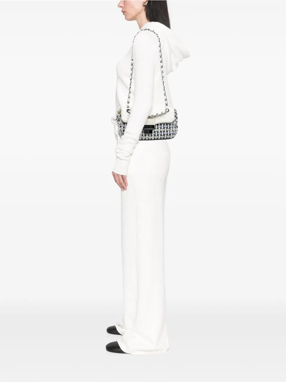 Pre-owned Chanel 2004-2005 Tweed And Calfskin Woven Single Flap Shoulder Bag In White