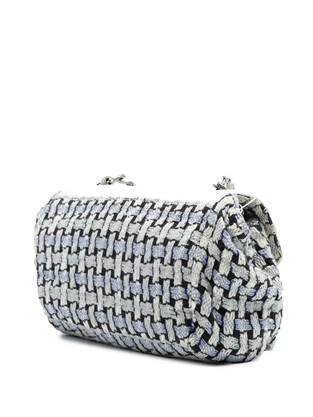Pre-owned Chanel 2004-2005 Tweed And Calfskin Woven Single Flap Shoulder Bag In White