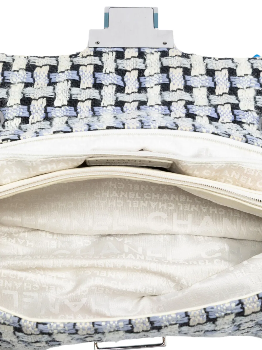 Pre-owned Chanel 2004-2005 Tweed And Calfskin Woven Single Flap Shoulder Bag In White