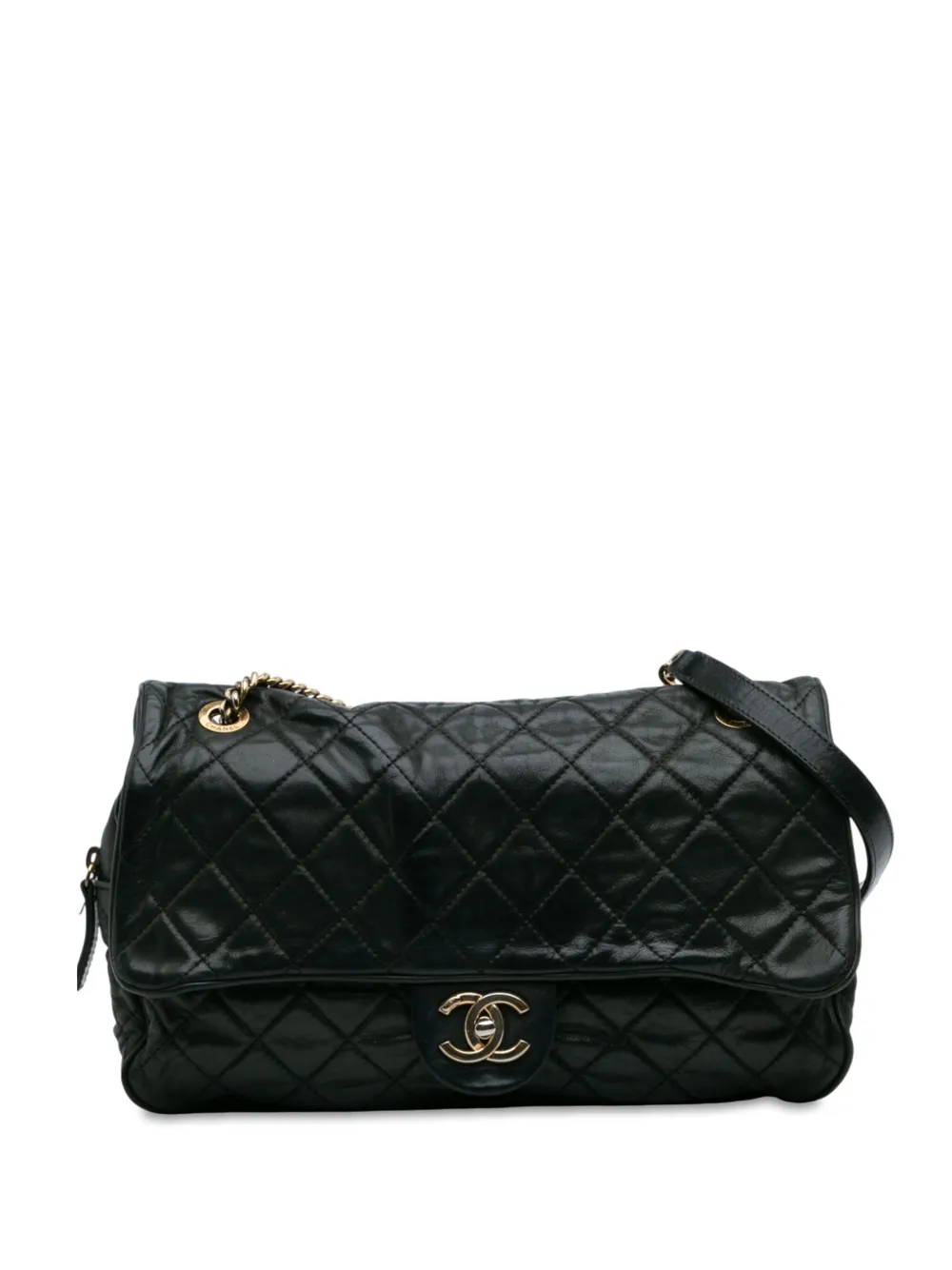 Pre-owned Chanel 2012-2013 Large Quilted Iridescent Calfskin Shiva Flap Shoulder Bag In Black