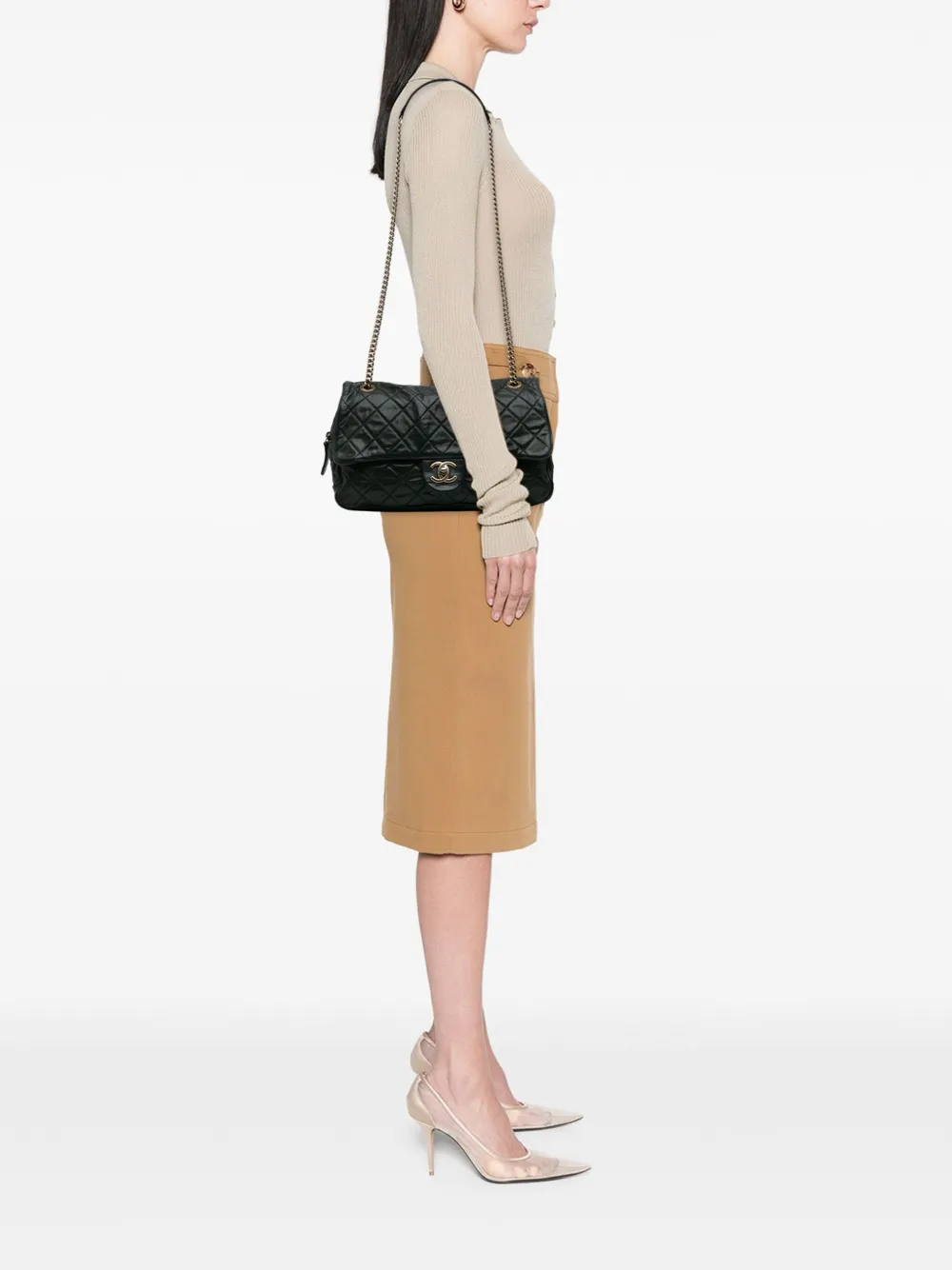 Pre-owned Chanel 2012-2013 Large Quilted Iridescent Calfskin Shiva Flap Shoulder Bag In Black