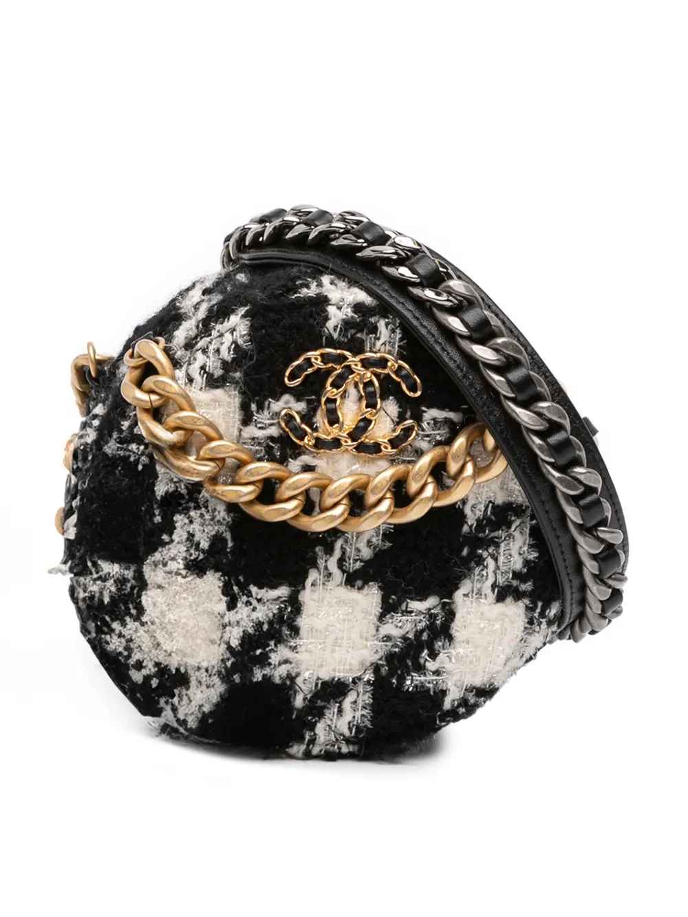 Pre-owned Chanel 2019 Tweed 19 Round Clutch With Chain And Coin Purse Satchel In White