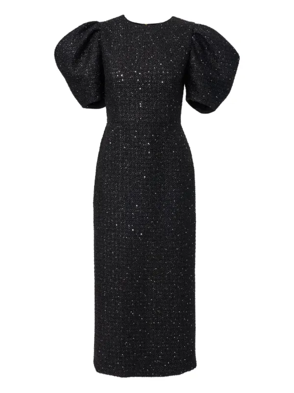 Carolina Herrera Lurex Tweed Puff-Sleeve Midi Dress