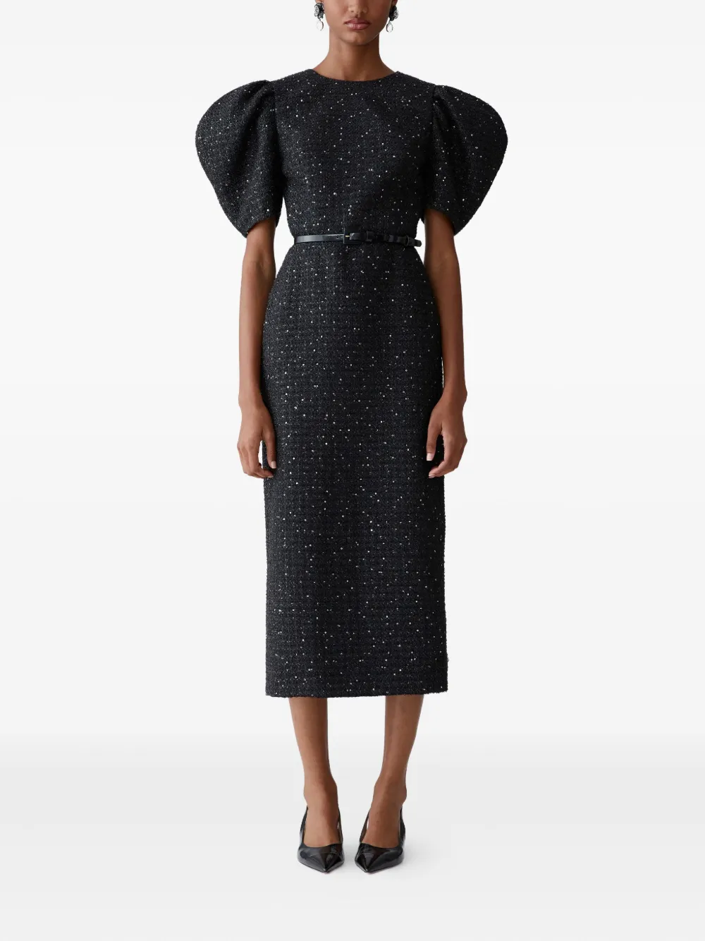 Carolina Herrera Tweed midi-jurk met pofmouwen - Zwart