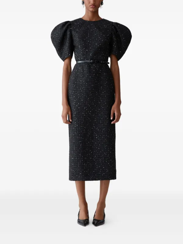 Carolina Herrera Lurex Tweed Puff-Sleeve Midi Dress