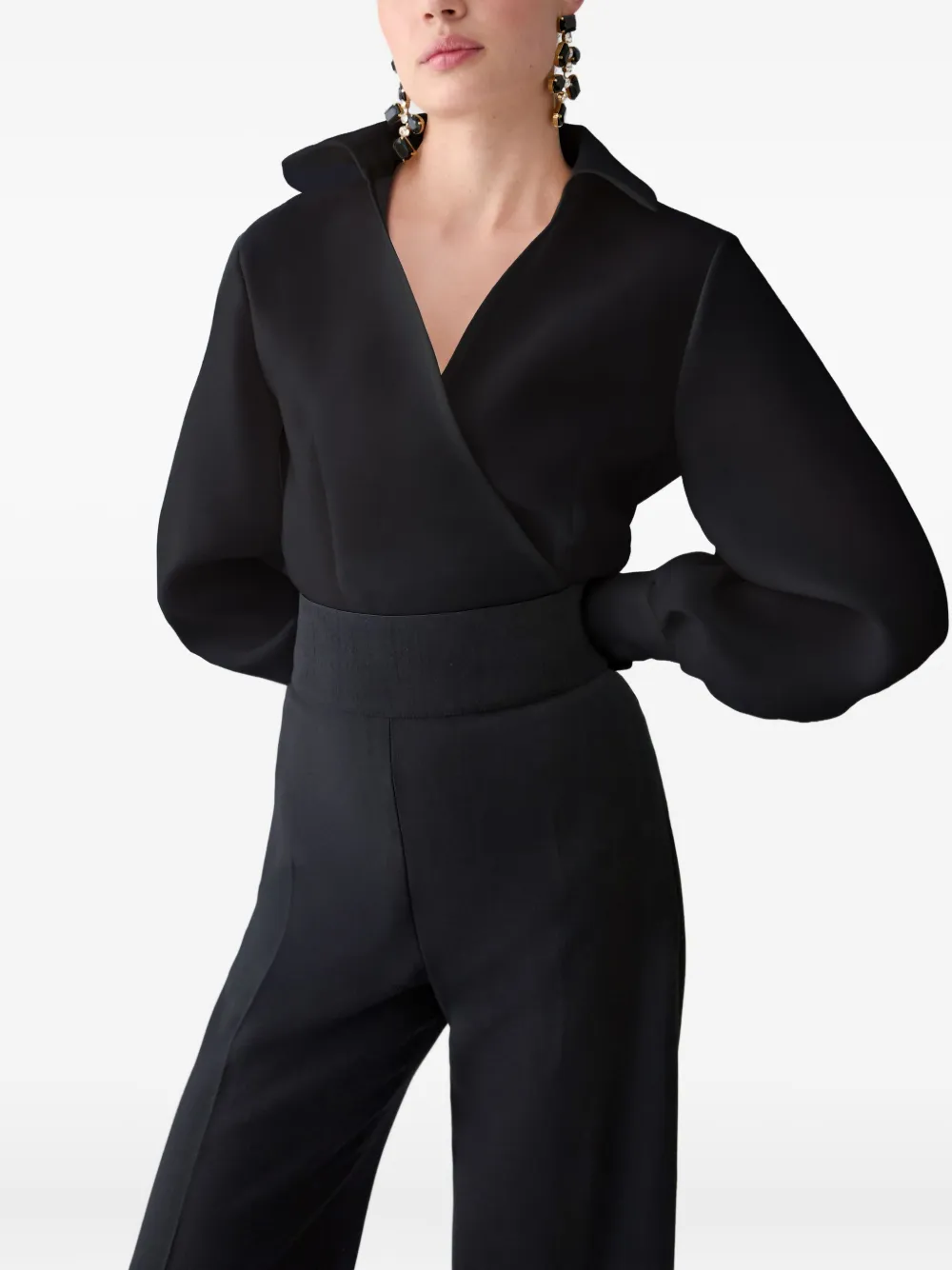 Carolina Herrera Long-sleeve Silk Wrap Blouse In Black