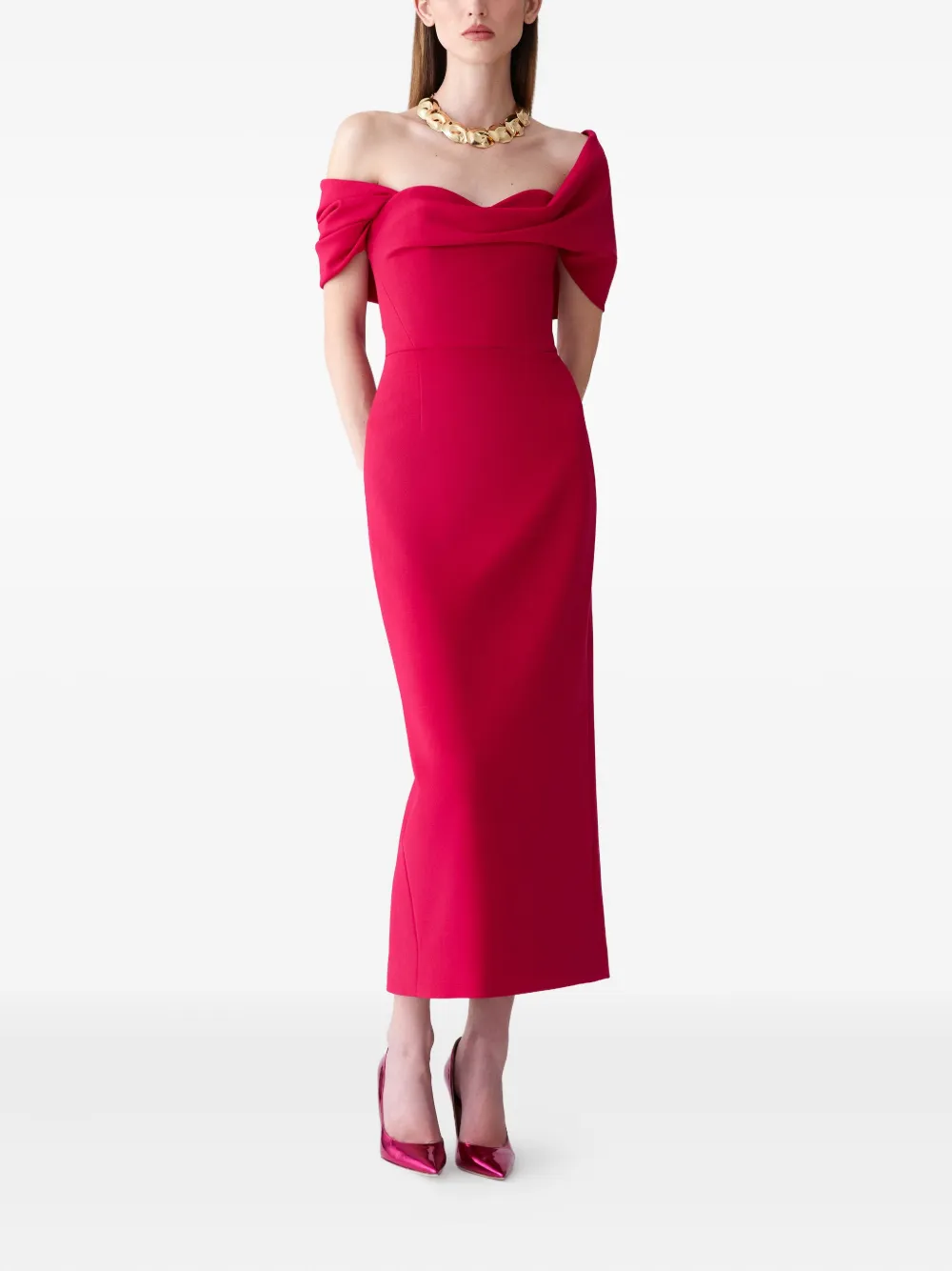 Carolina Herrera Draped Off-the-shoulder Midi Dress In Red