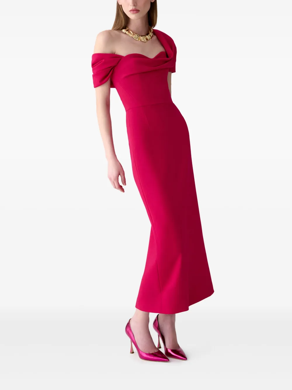 Carolina Herrera Draped Off-the-shoulder Midi Dress In Red