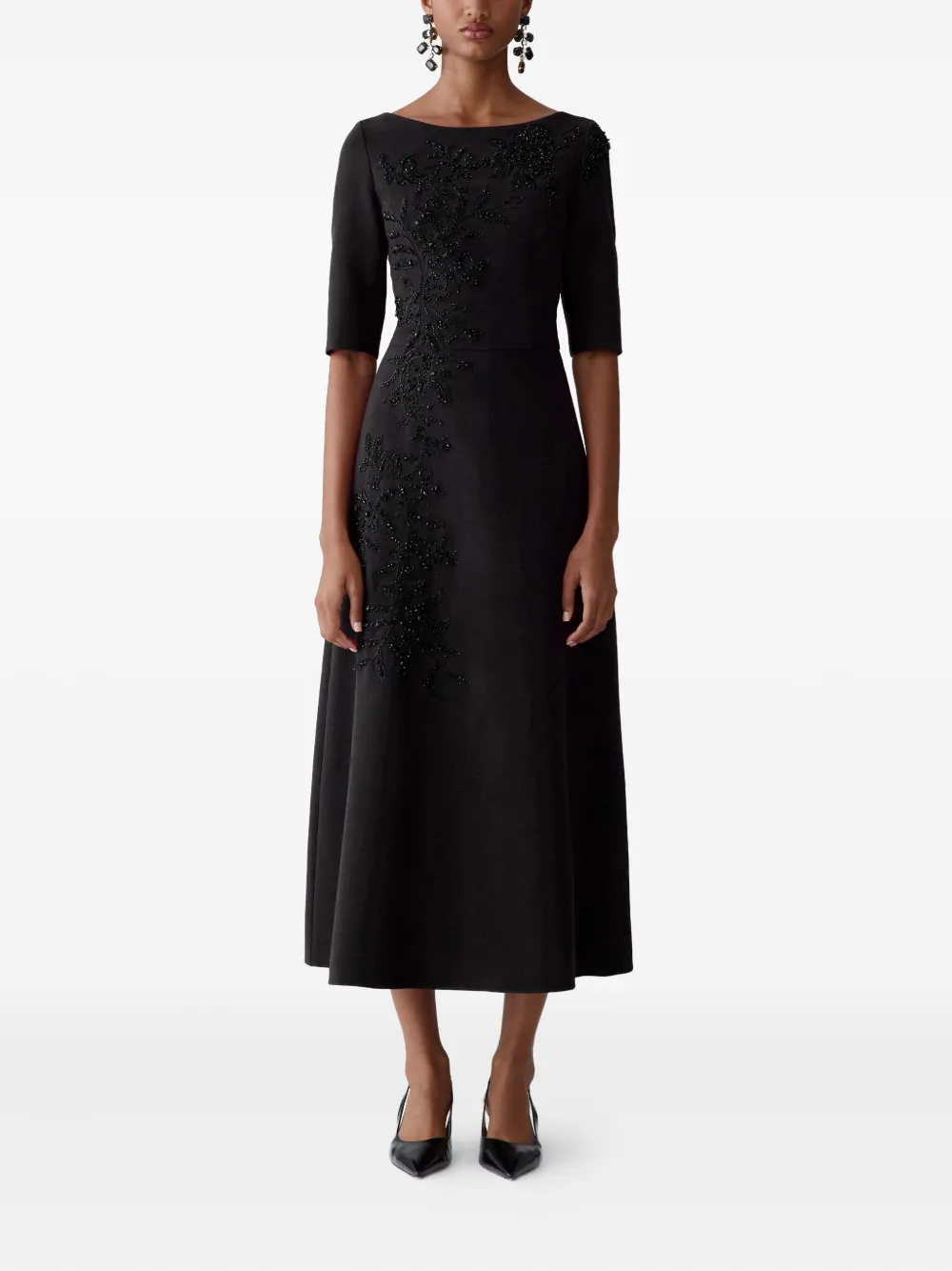 Carolina Herrera Embroidered Boat-neck Midi Dress In Black