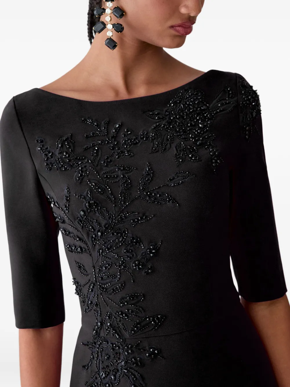 Carolina Herrera Embroidered Boat-neck Midi Dress In Black