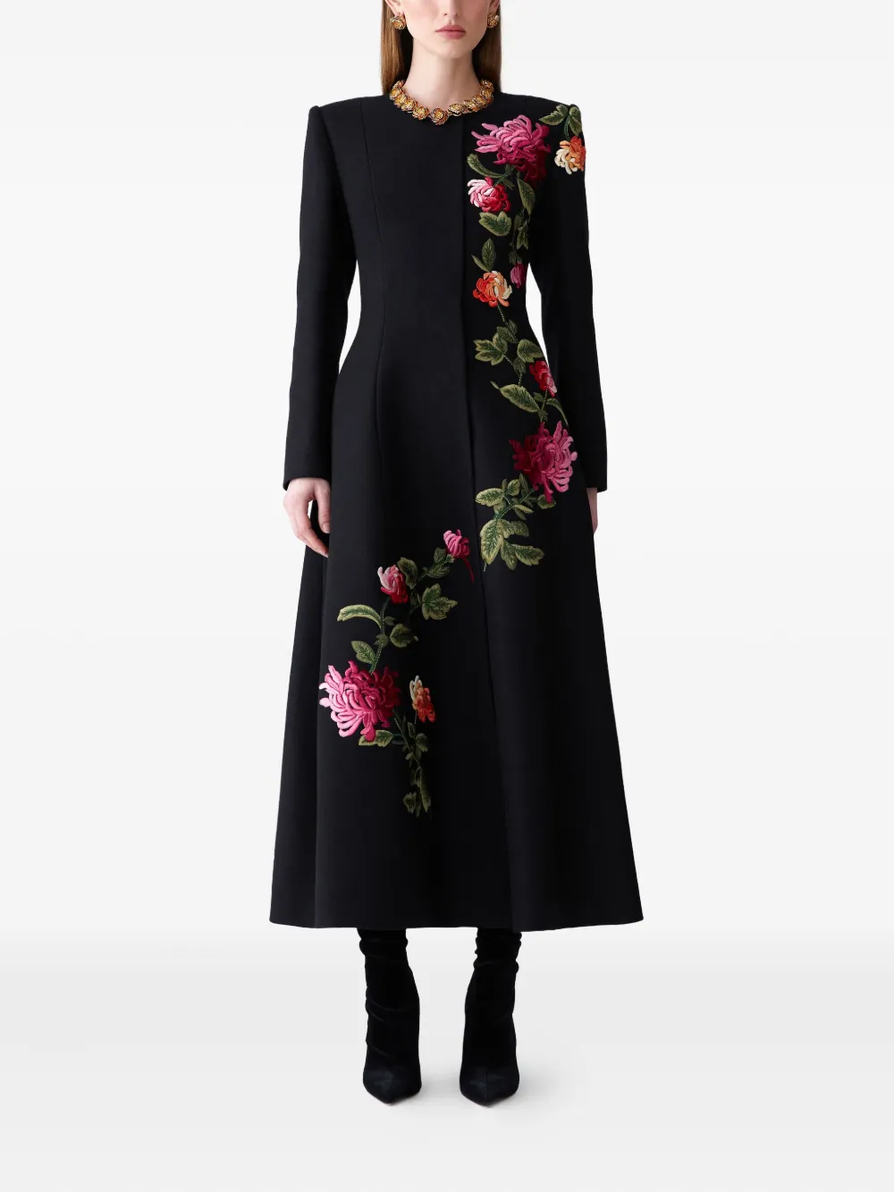Carolina Herrera Chrysanthemum-embroidered A-line Coat In Black