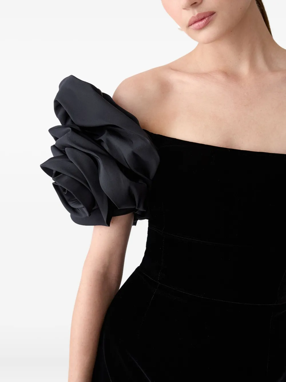 Carolina Herrera Off-shoulder Rosette Velvet Mini Dress In Black