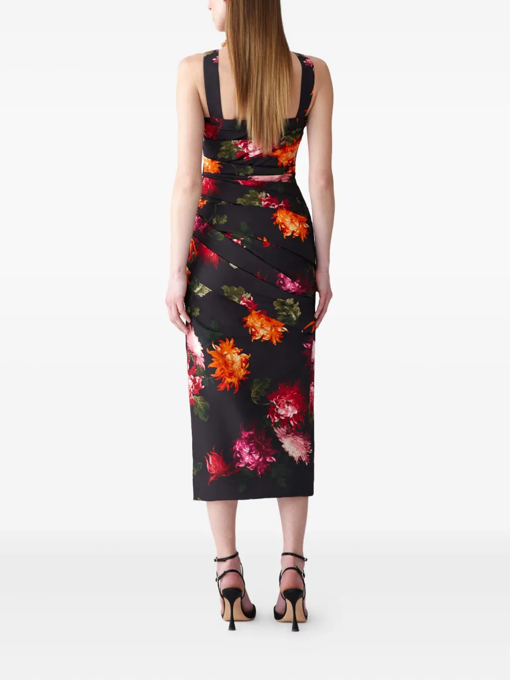 Carolina Herrera Chrysanthemum Print Pleated Faille Midi Dress In Multi