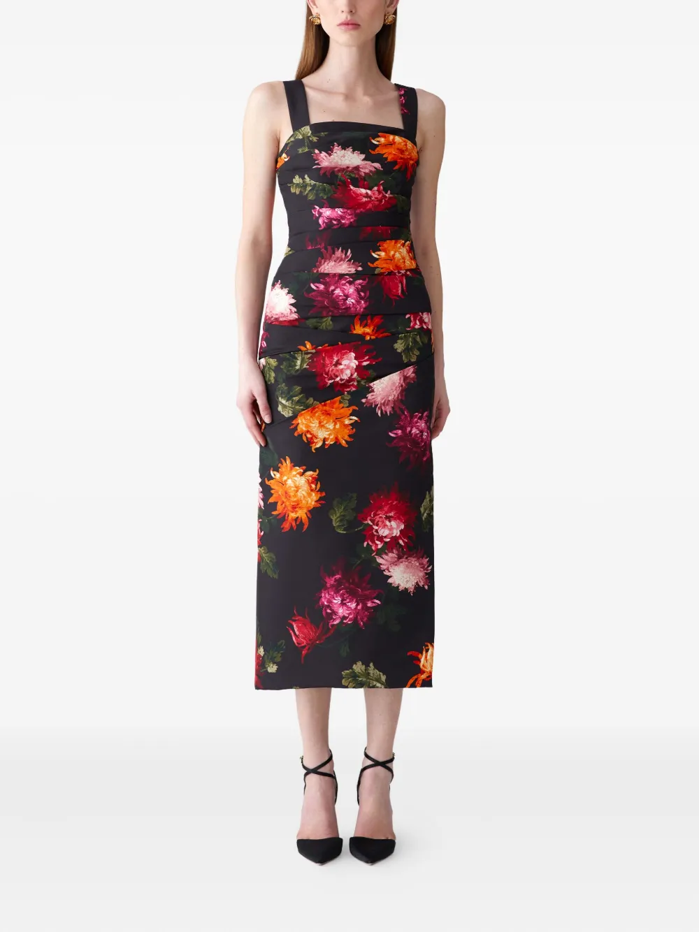 Carolina Herrera Gedrapeerde midi-jurk met chrysant print - Zwart