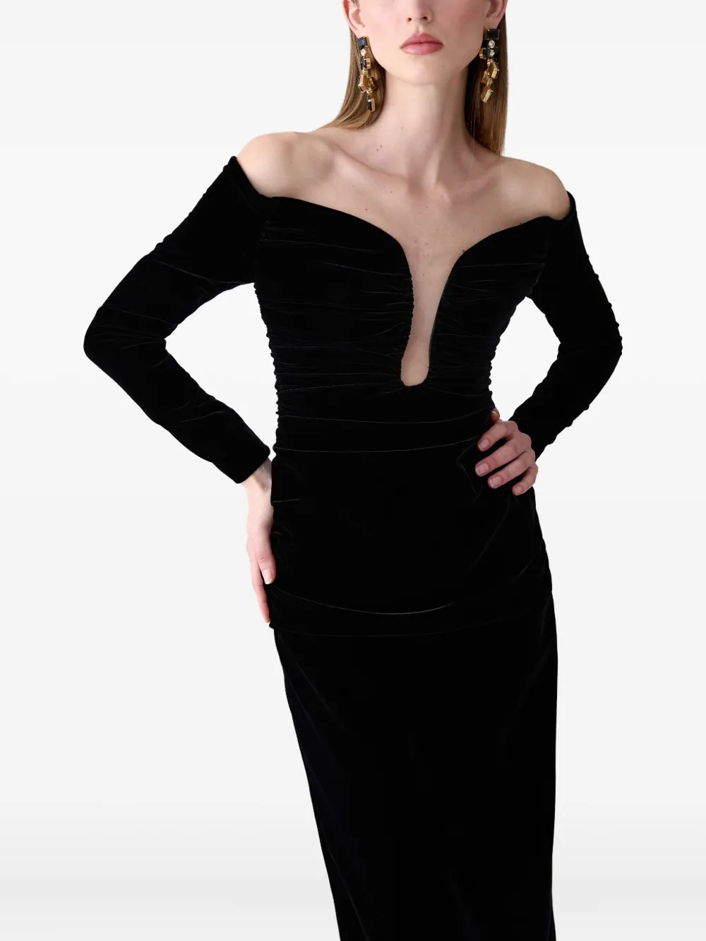 Carolina Herrera U-neck Velvet Midi Dress In Black