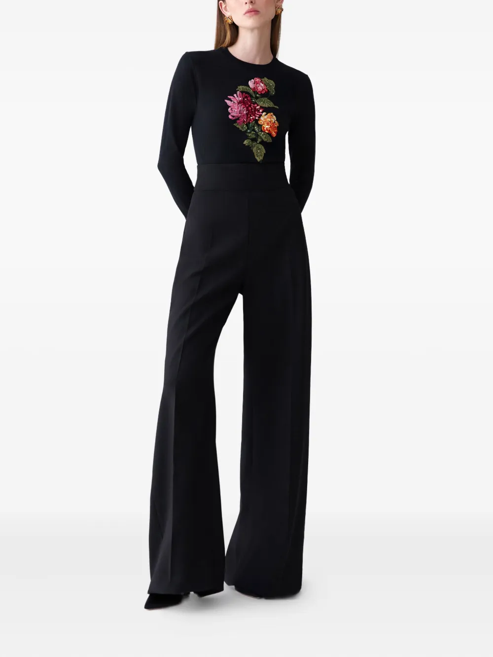 Carolina Herrera Trui met geborduurde chrysant en pailletten Zwart