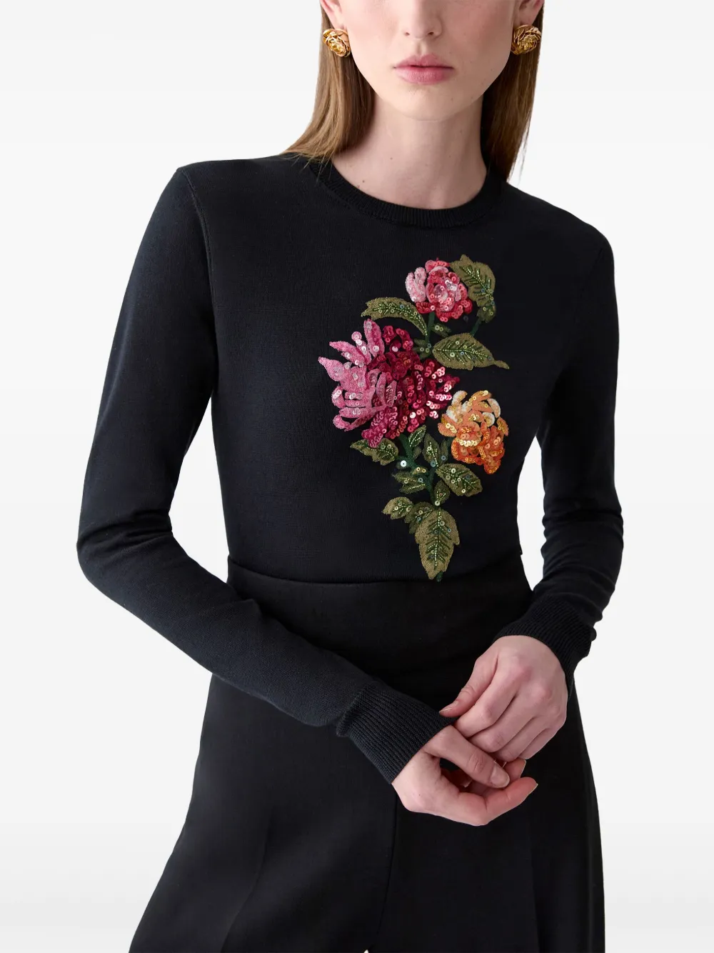 Carolina Herrera Trui met geborduurde chrysant en pailletten Zwart