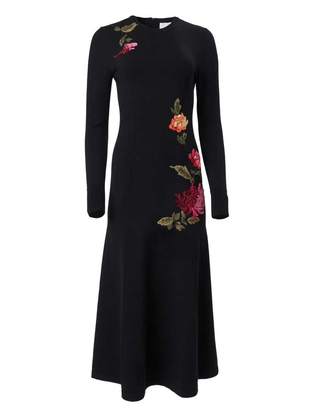 Carolina Herrera Chrysanthemum-embroidered Knit Midi Dress In Black