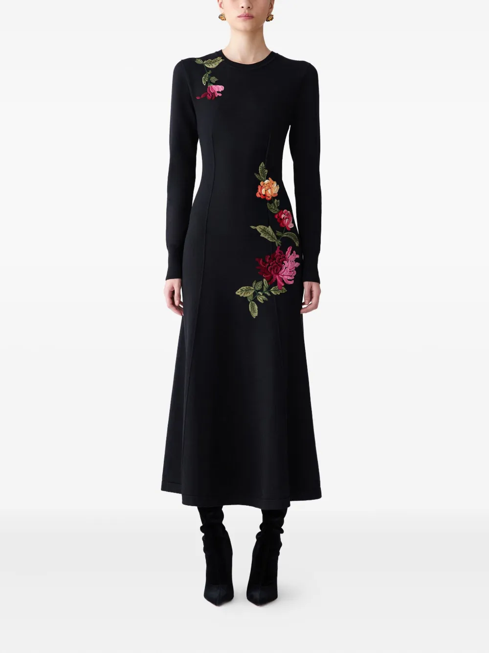 Carolina Herrera Chrysanthemum-embroidered Knit Midi Dress In Black
