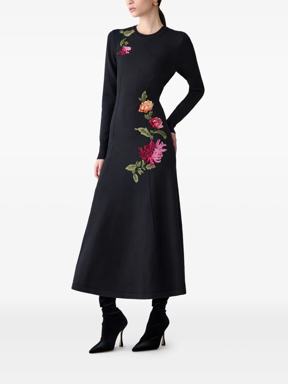 Carolina Herrera Chrysanthemum-embroidered Knit Midi Dress In Black