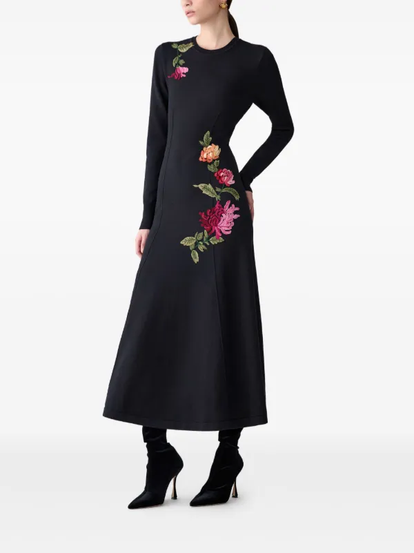 Carolina Herrera Chrysanthemum-Embroidered Midi Knit Dress