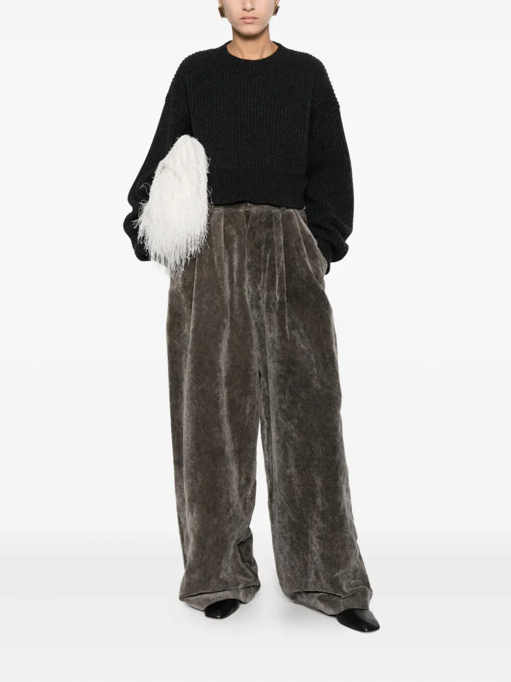 Uma Wang Cropped Ribbed Knit Sweater In Black