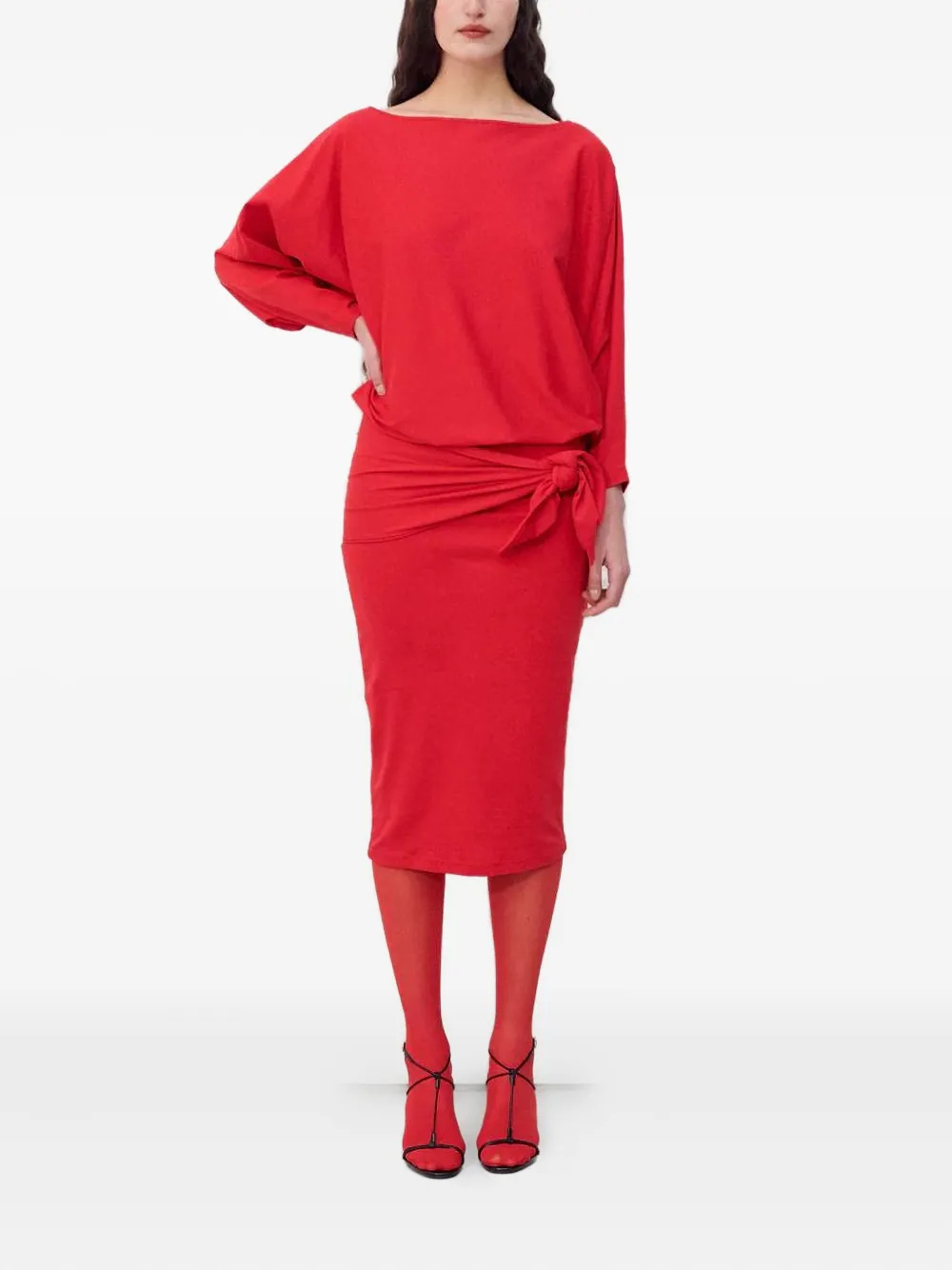 Lamia Lagha Tie-detail Long-sleeve Midi Dress In Red