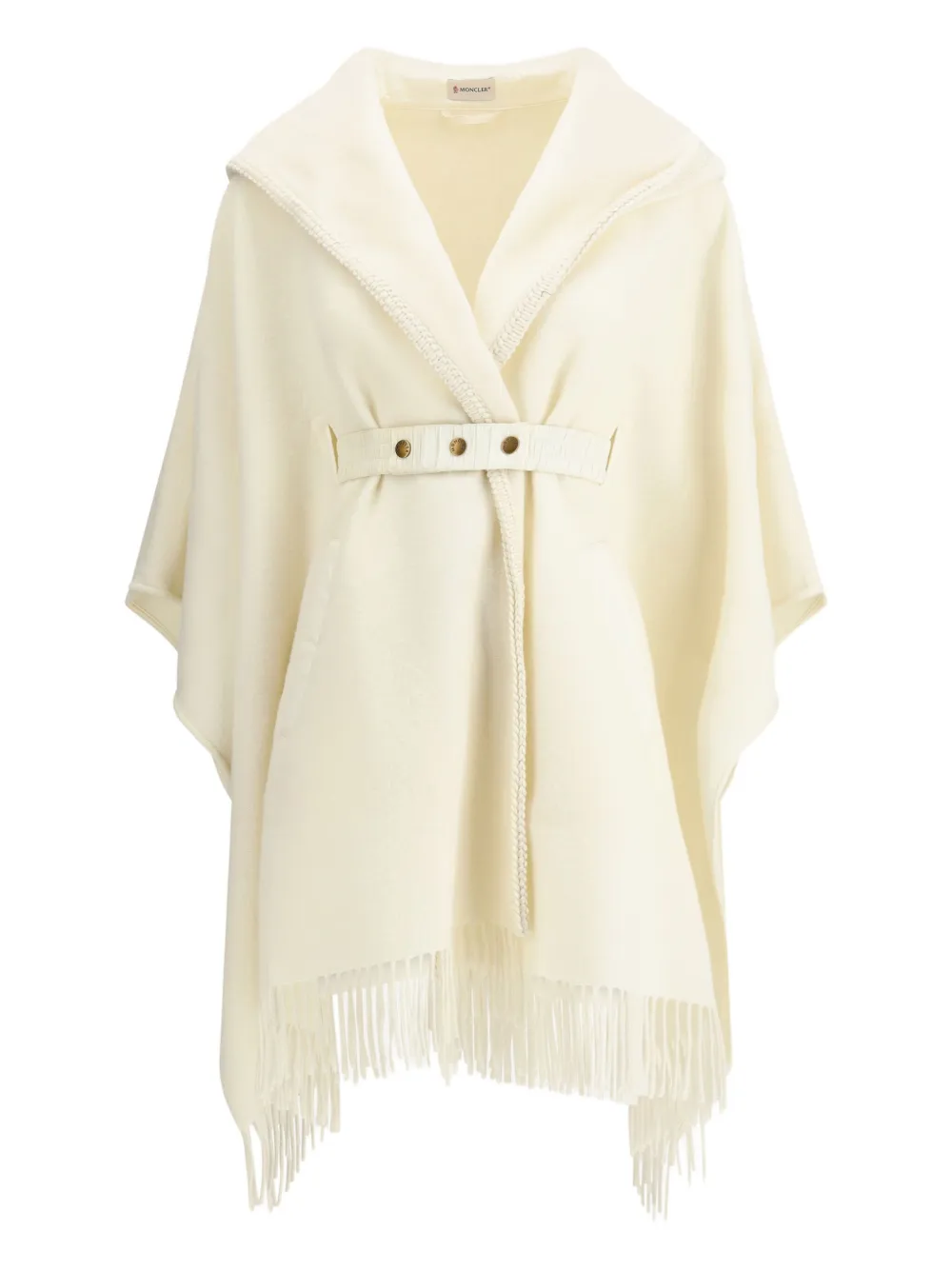 Moncler Belted Fringed Virgin Wool Cape In Neutral