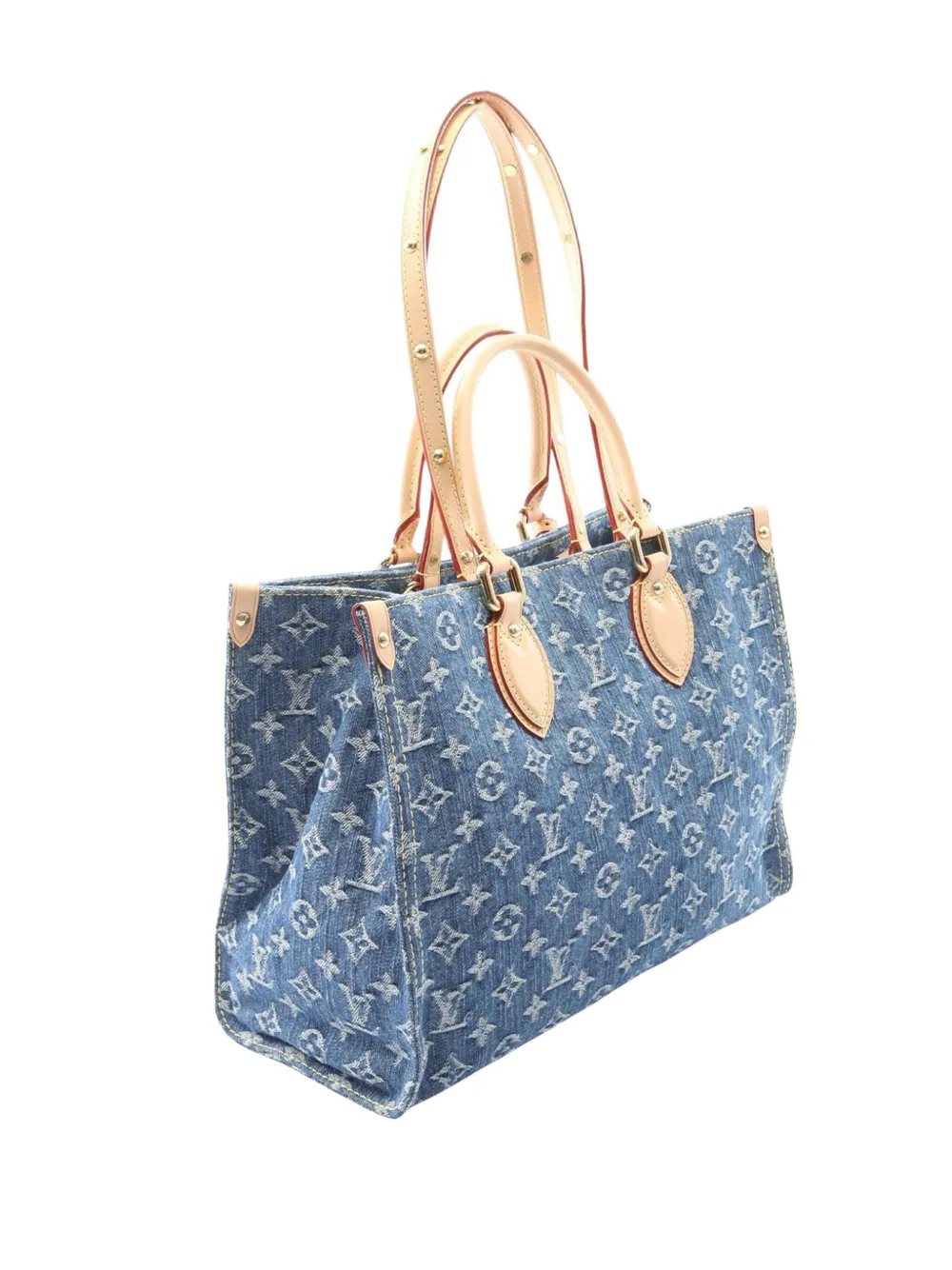 Pre-owned Louis Vuitton 2021-2025 Monogram Denim Onthego Mm Satchel In Blue