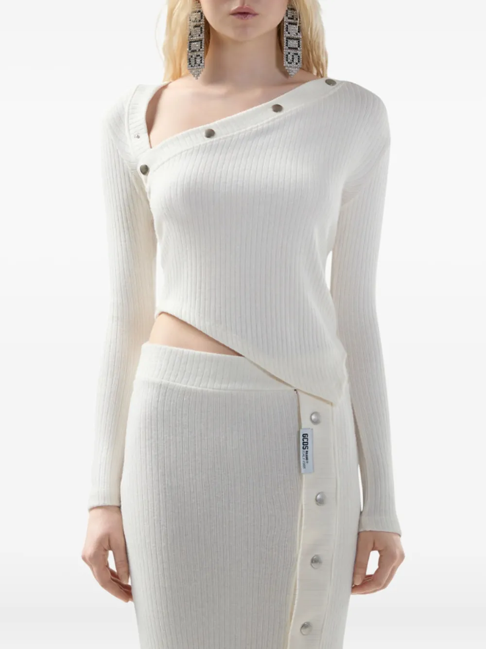 Gcds Long-sleeved Ribbed Top With Snap Buttons In Neutral