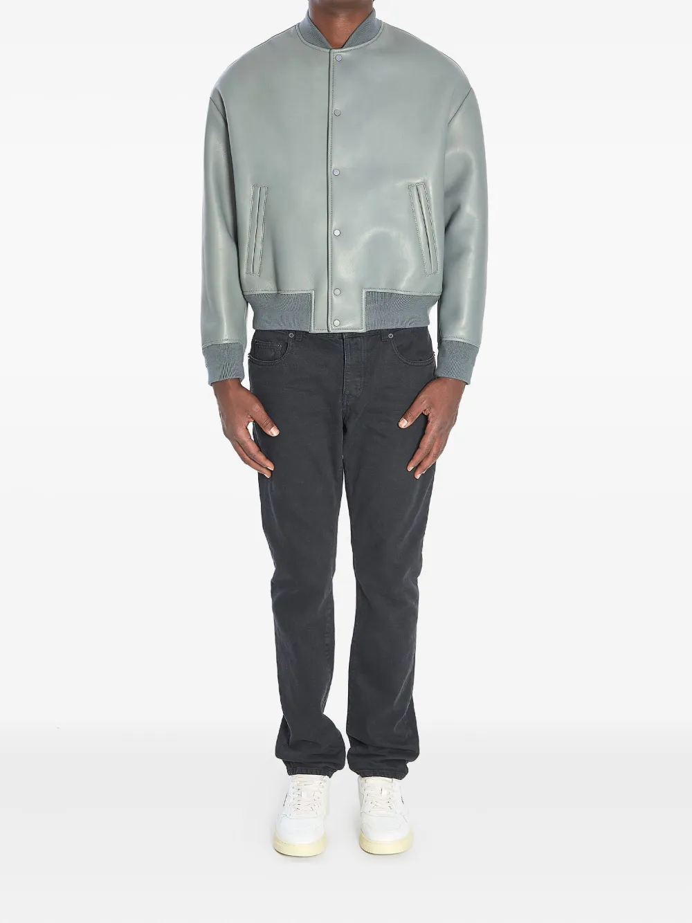 Salvatore Santoro Ribbed Nappa Leather Bomber Jacket In Gray