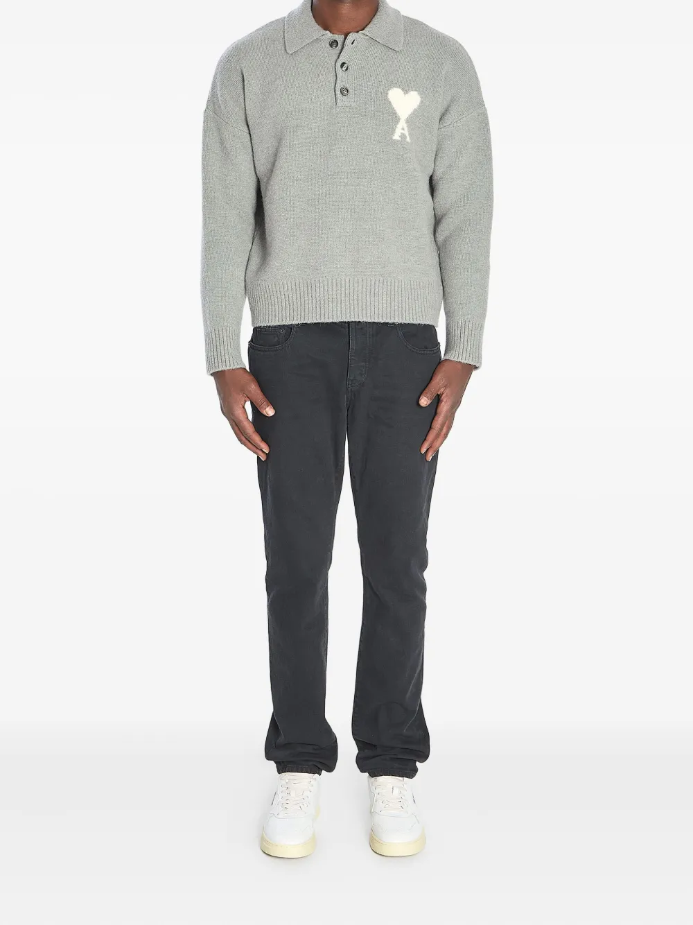 Ami Alexandre Mattiussi Ami Paris Polo Ami De Coeur With Embroidery In Gray
