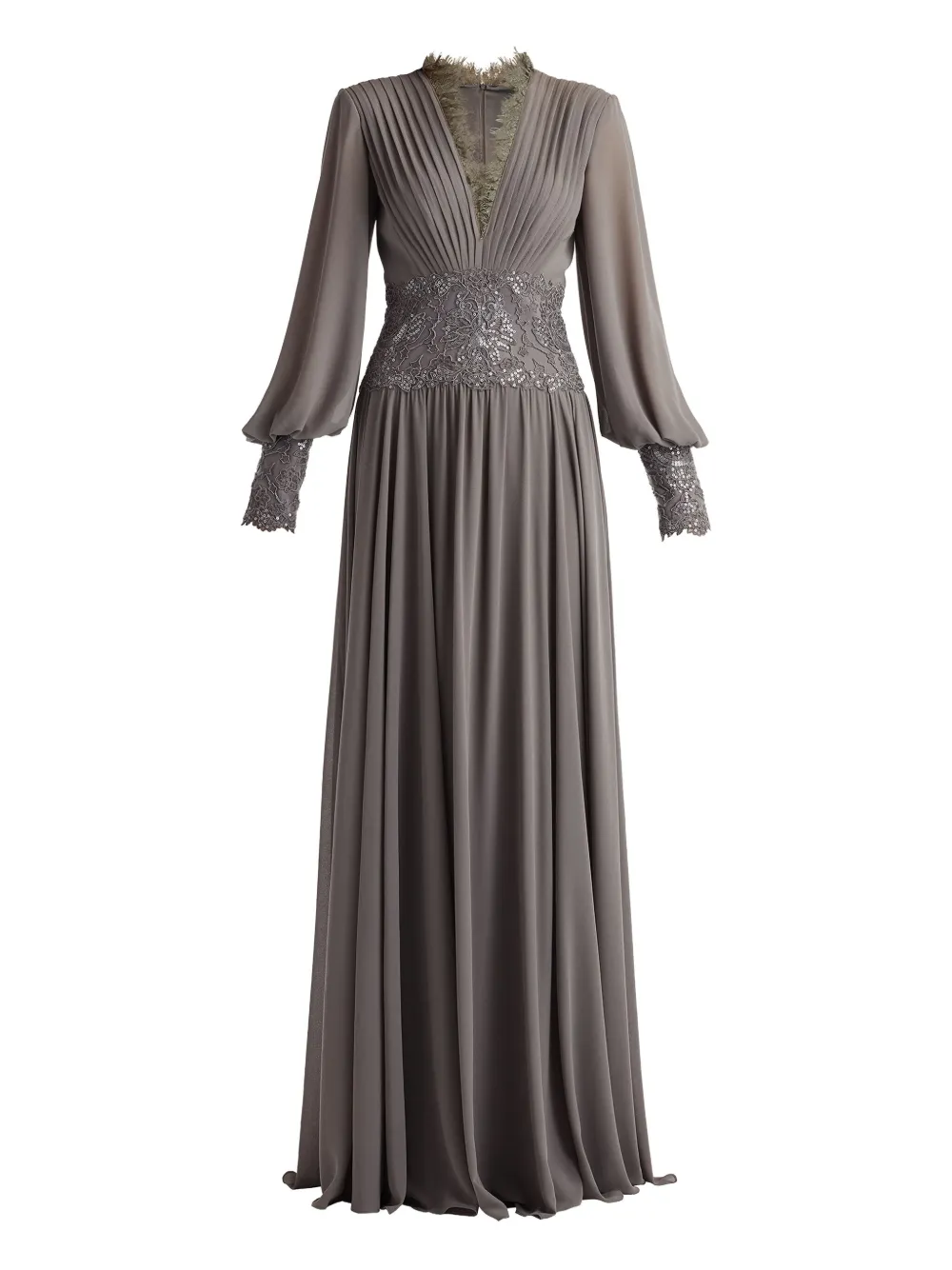 Tadashi Shoji Sequin Lace Detail Long Sleeve Chiffon Gown In Gray
