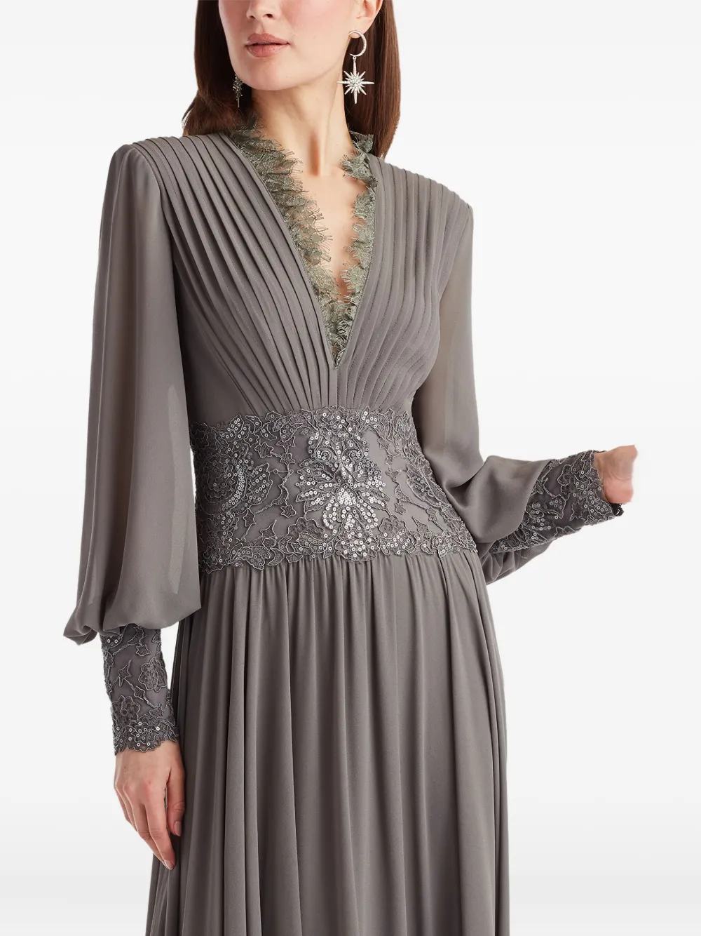 Tadashi Shoji Sequin Lace Detail Long Sleeve Chiffon Gown In Gray