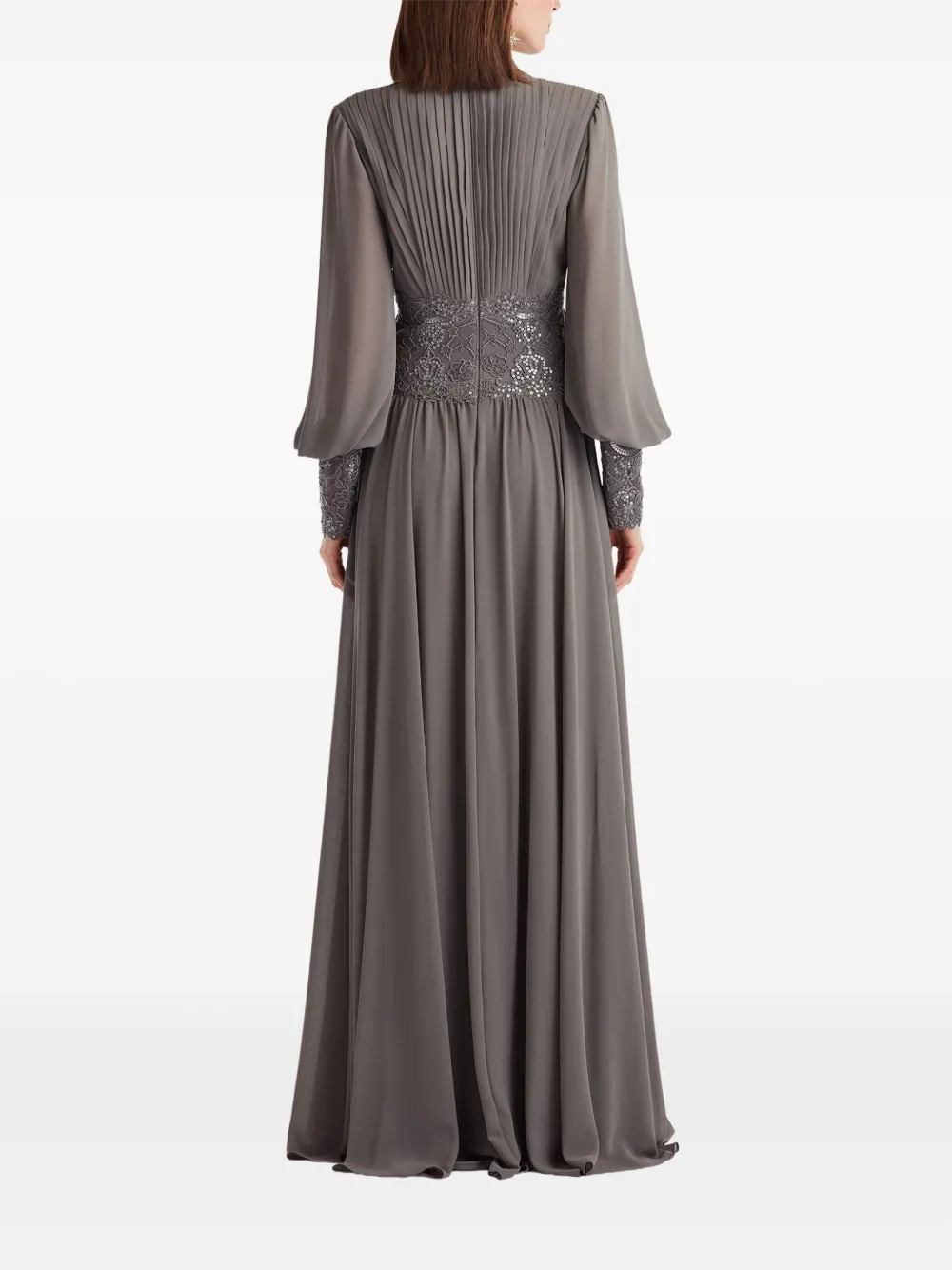 Tadashi Shoji Sequin Lace Detail Long Sleeve Chiffon Gown In Gray