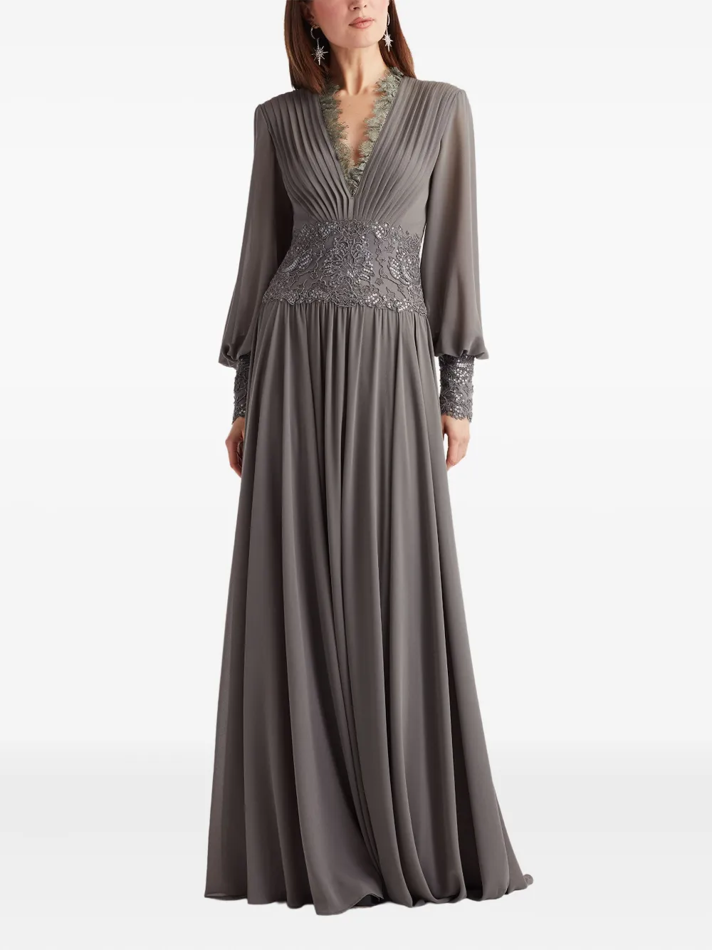 Tadashi Shoji Sequin Lace Detail Long Sleeve Chiffon Gown In Gray