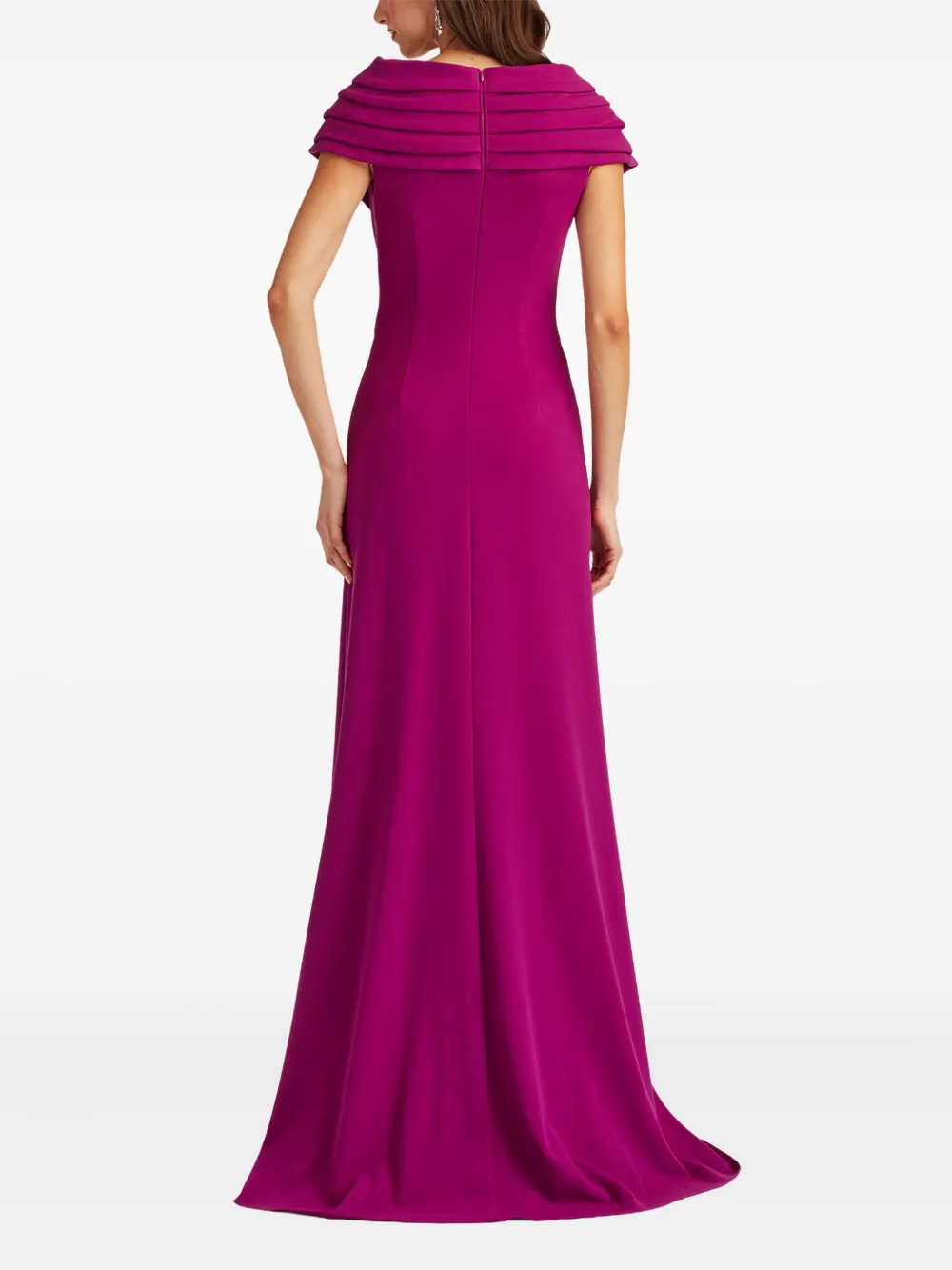 Tadashi Shoji Cascade Ruffle Portrait Neck Gown In Purple